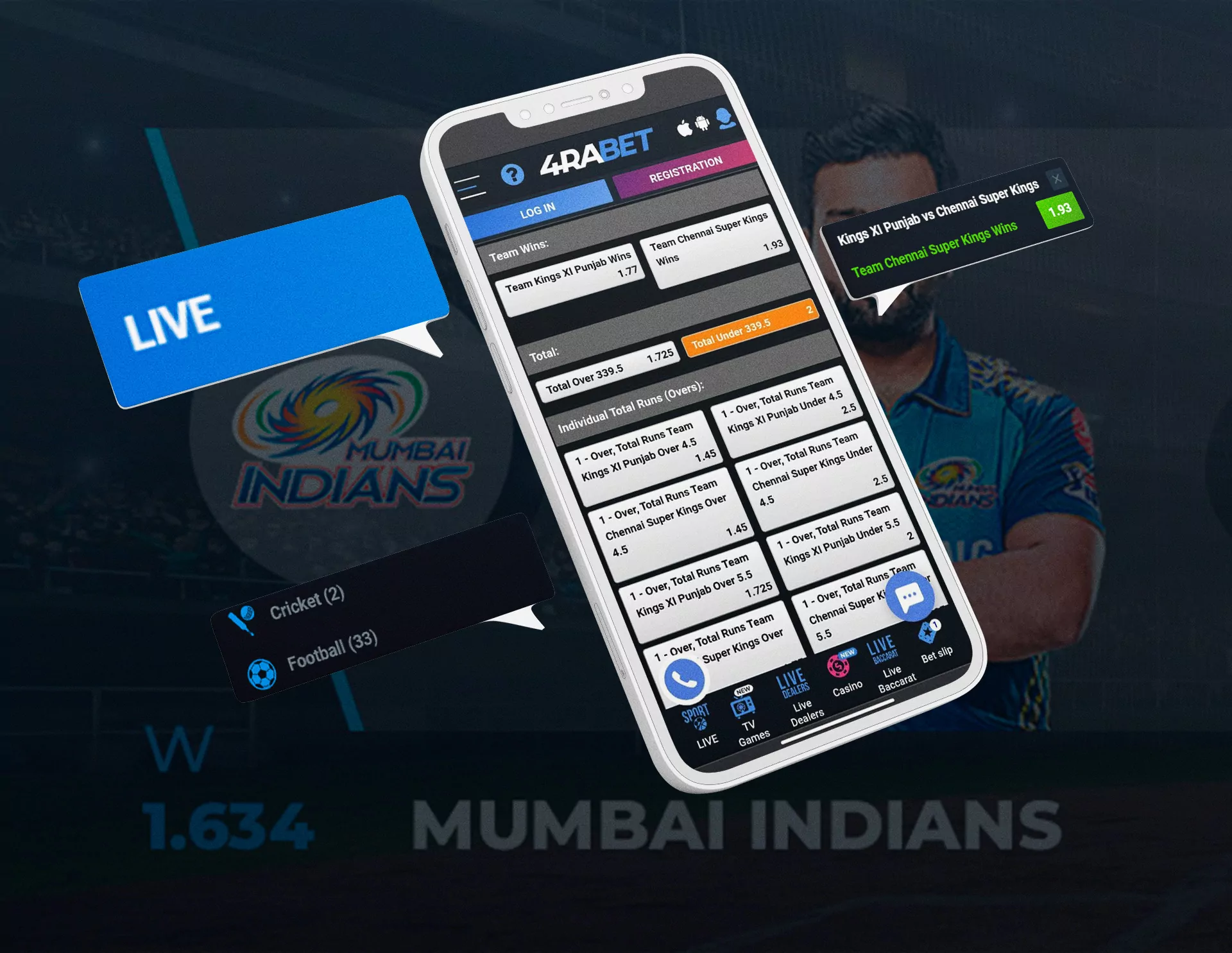 You should register at 4rabet and top up your account to place bets on cricket via your mobile phone.