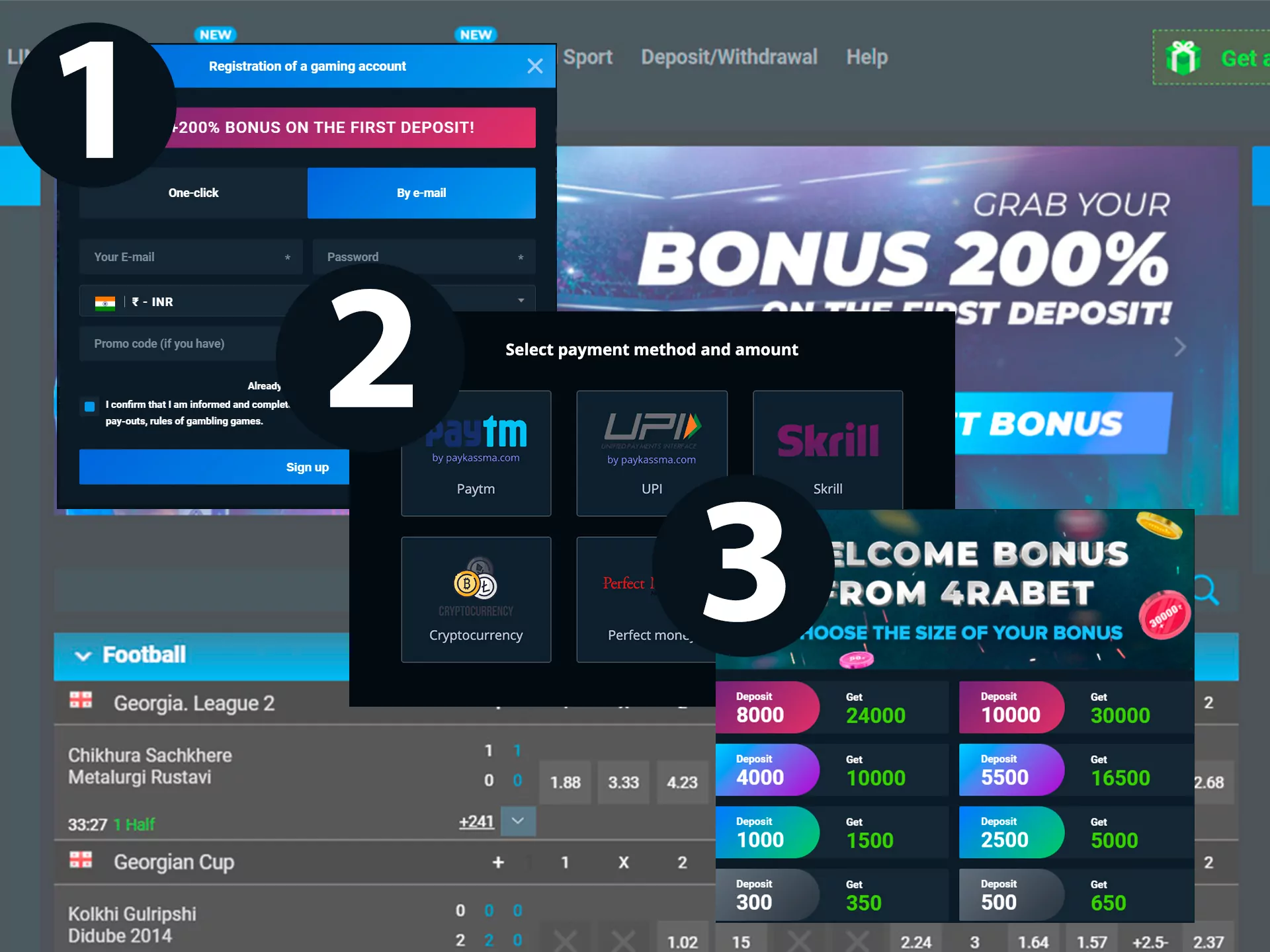 Make an account at 4rabet, top up it and get the bonus to start betting.