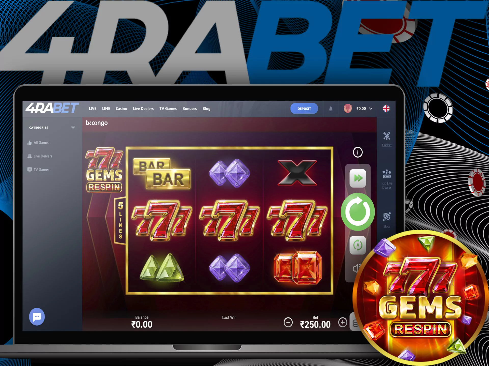 777 Gems Respin — one of the most best Casino game at 4rabet Bookie.