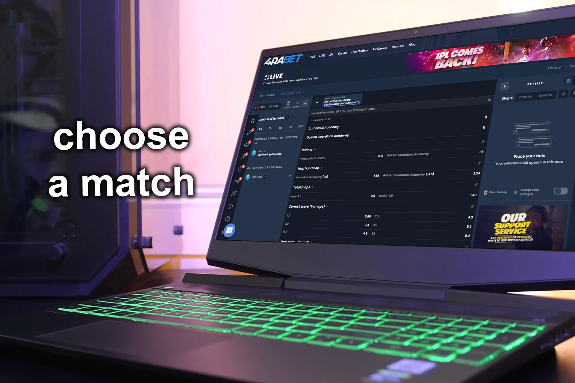 Look through the events and select a match you want to place a bet on.