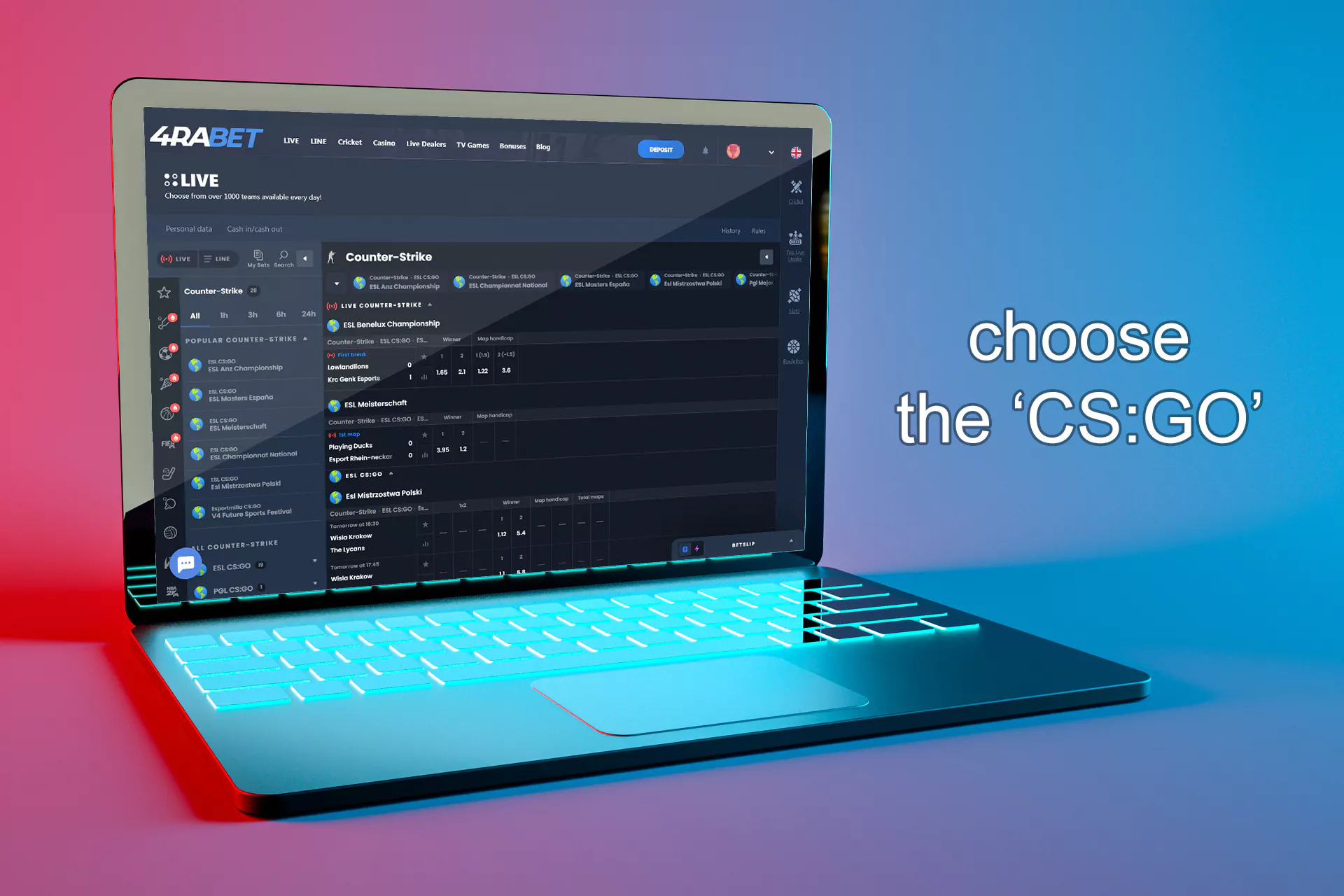 Look through the sports list and choose the 'CS:GO'.