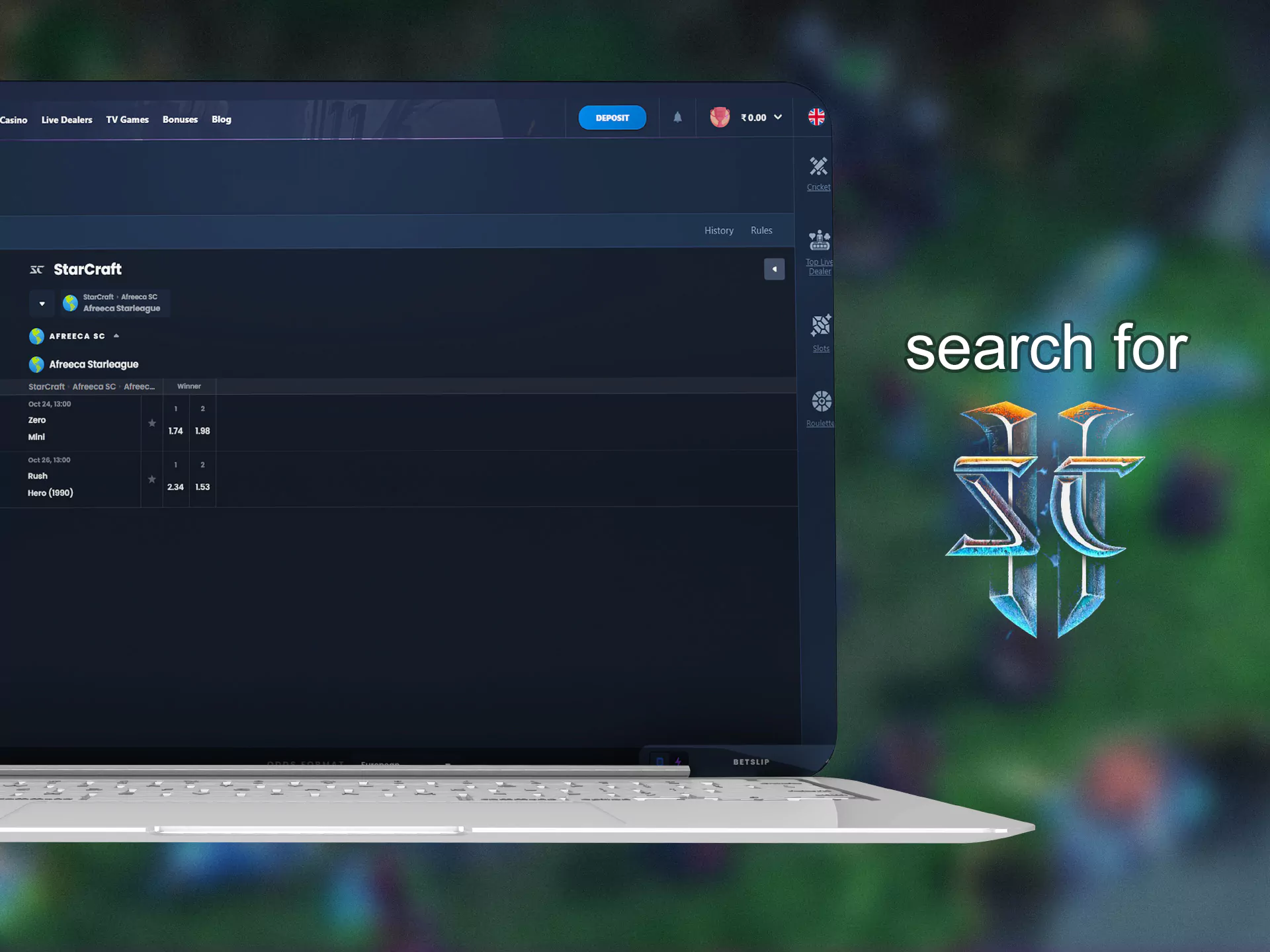 Look through the betting list and click on the Starcraft icon.