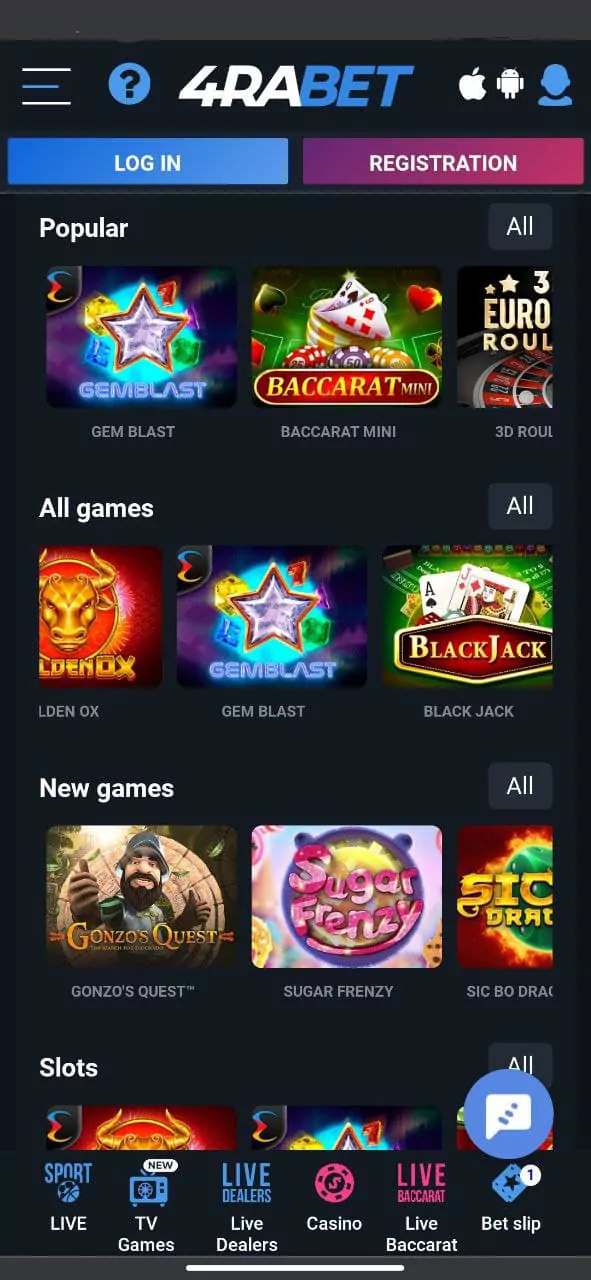 4rabet app casino section.