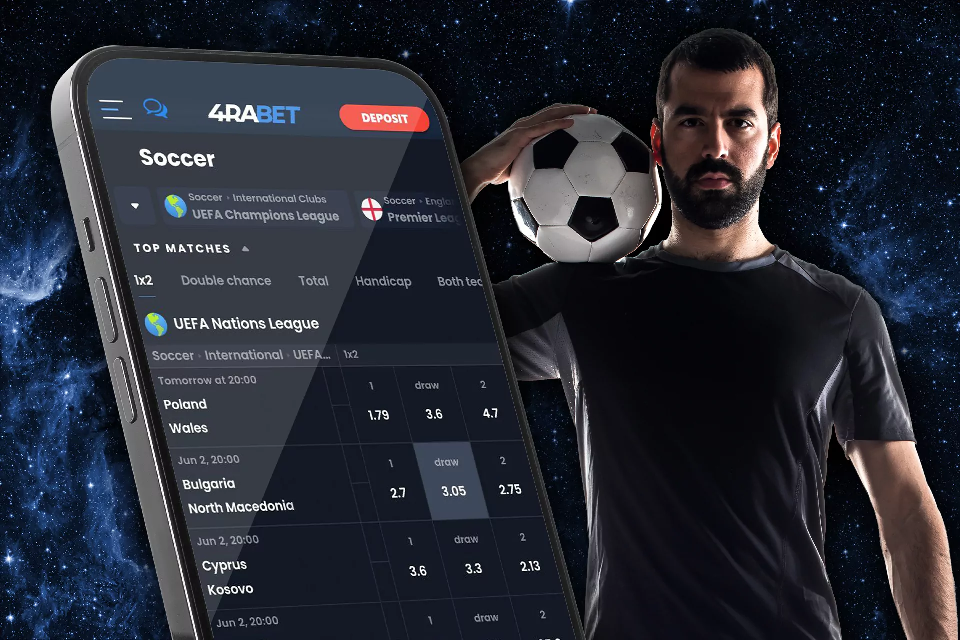 You can place bets on football teams in the 4rabet mobile app.