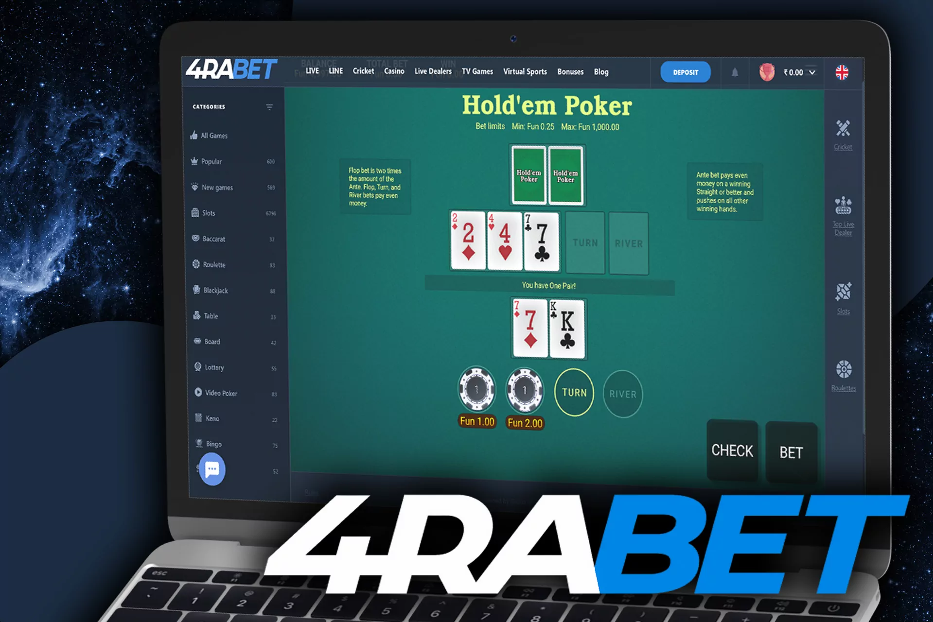 Play online poker in the 4rabet casino.