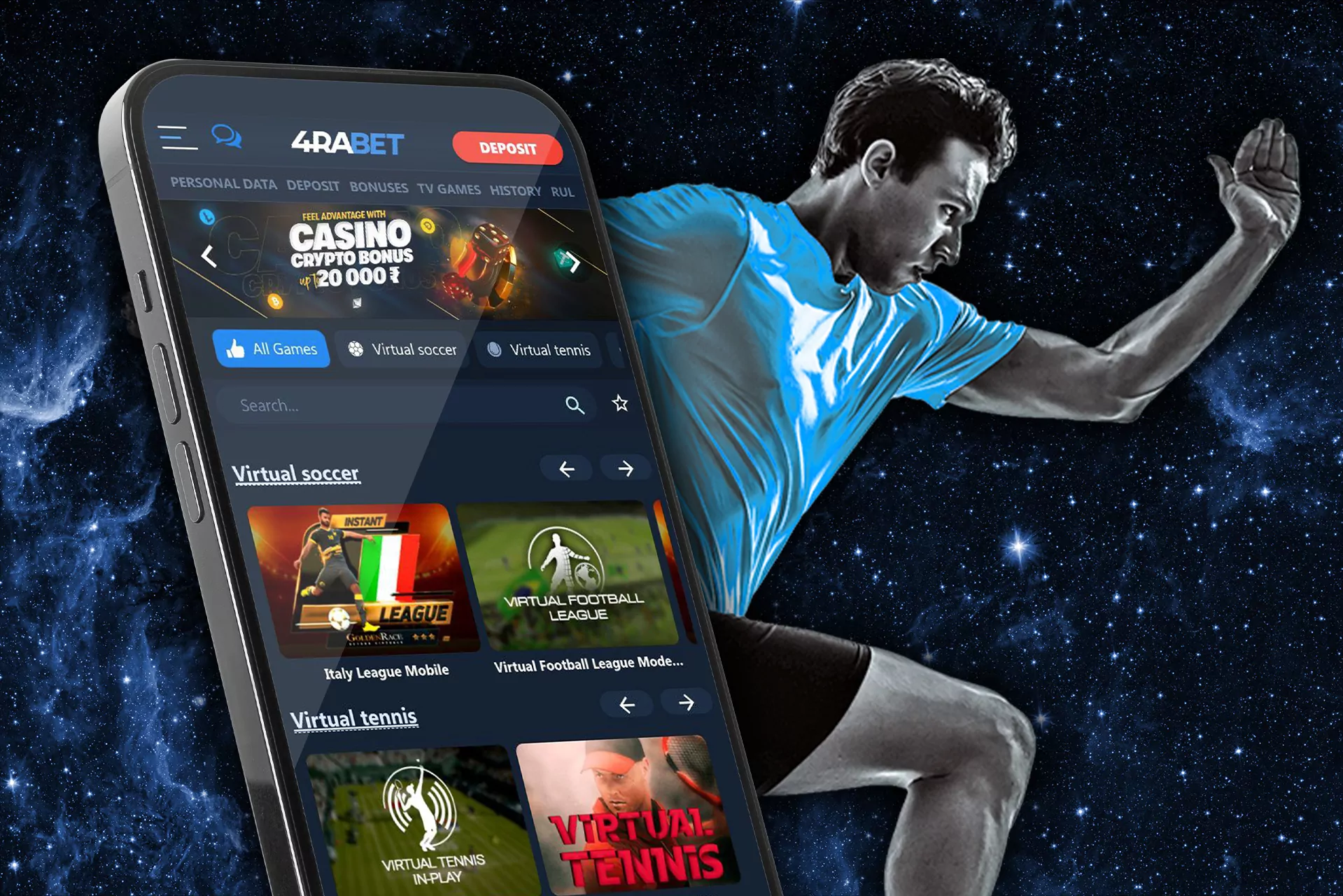 Virtual football, hockey and basketball are available for betting in the 4rabet sportsbook.