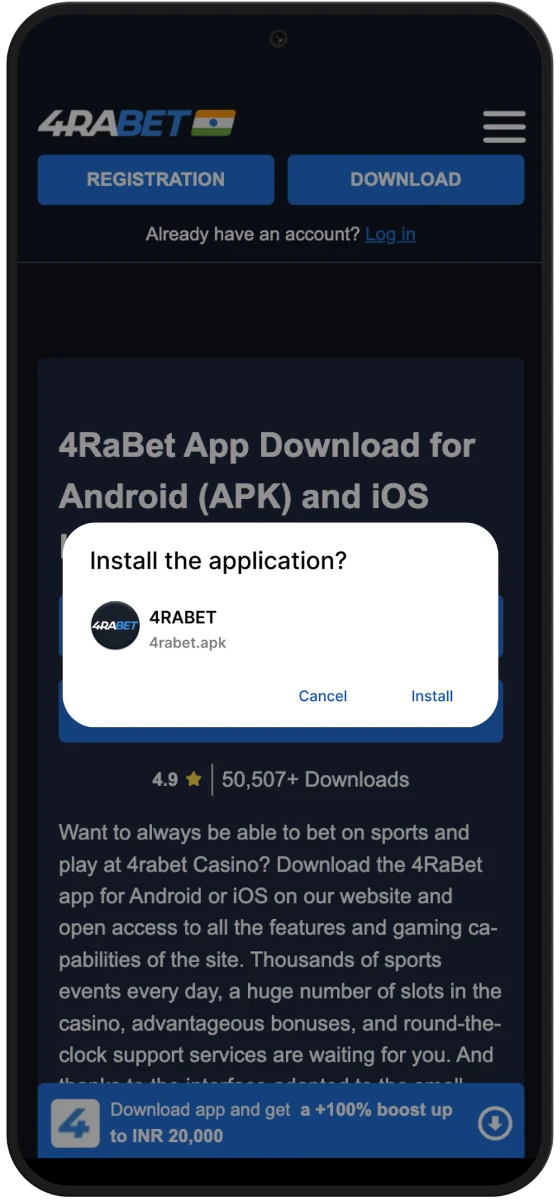 After downloading, install the 4rabet apk so that you can start making bets and playing online casino in the 4rabet mobile app.