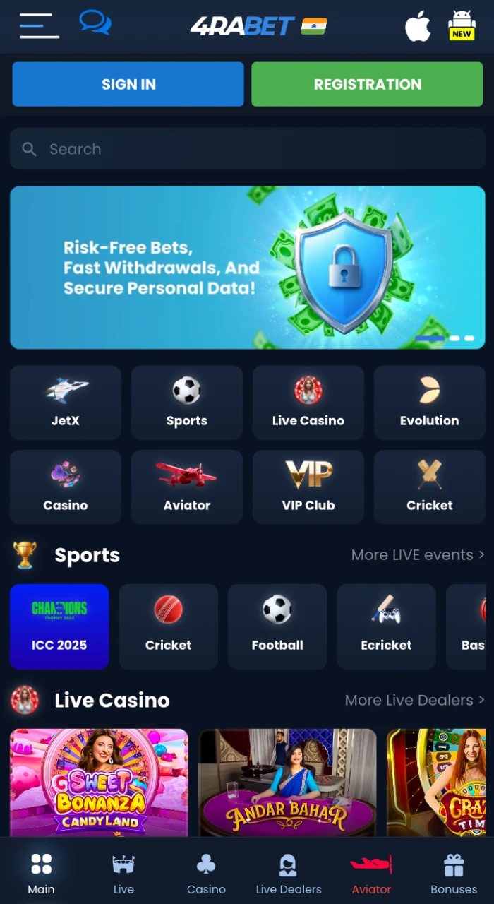 The main screen in the 4rabet app with a section for sports betting and online casinos.