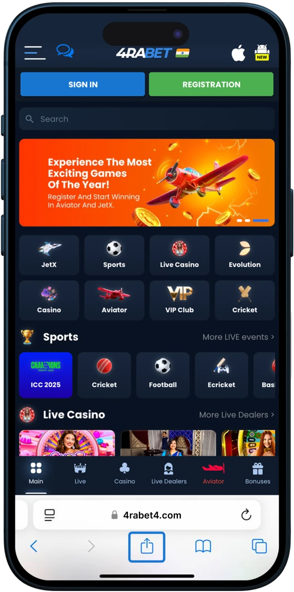 Find the share button to start installing the 4RaBet online casino application.