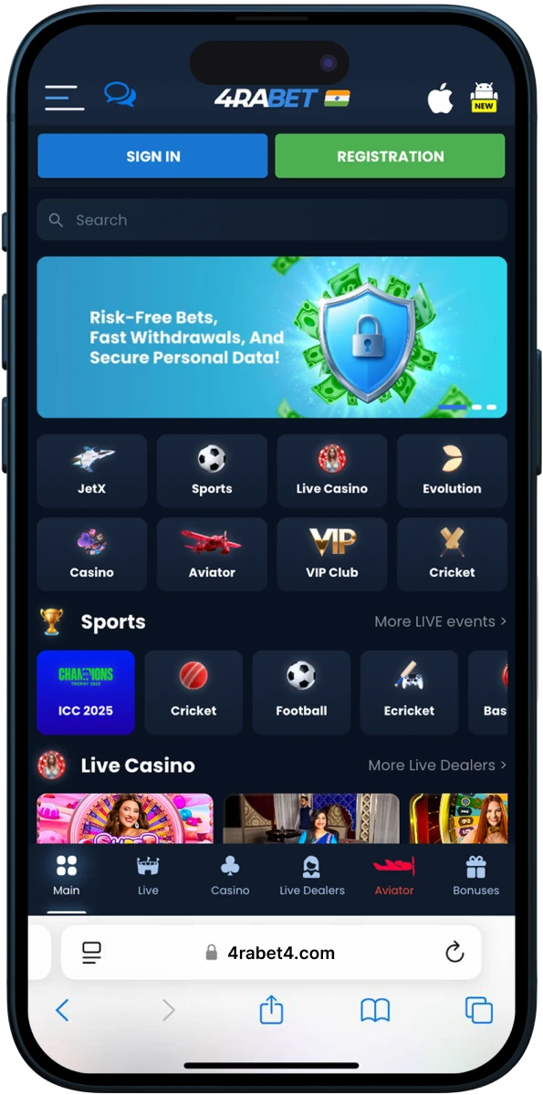 Visit the official website of the online casino 4RaBet to download the application.