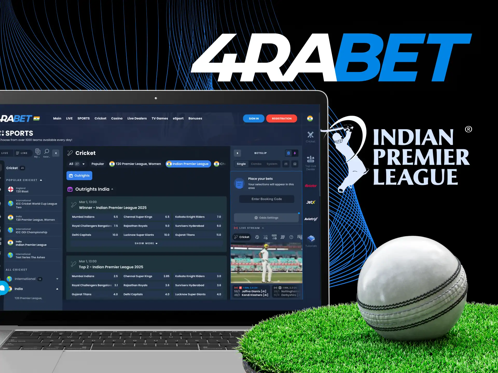 Place bets on your favorite team participating in the Indian Premier League at 4RaBet online casino.