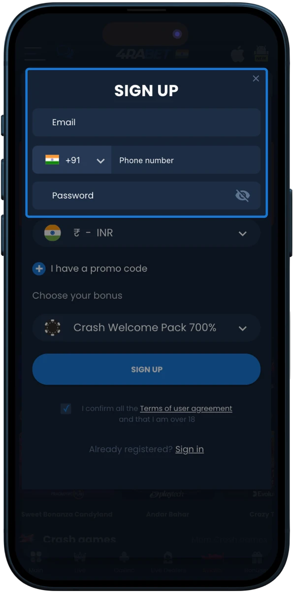 To create a new account on the 4rabet online casino website you need to fill in your phone number, email and password.