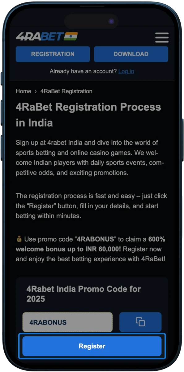 Find the registration button on the website of the 4rabet online casino.