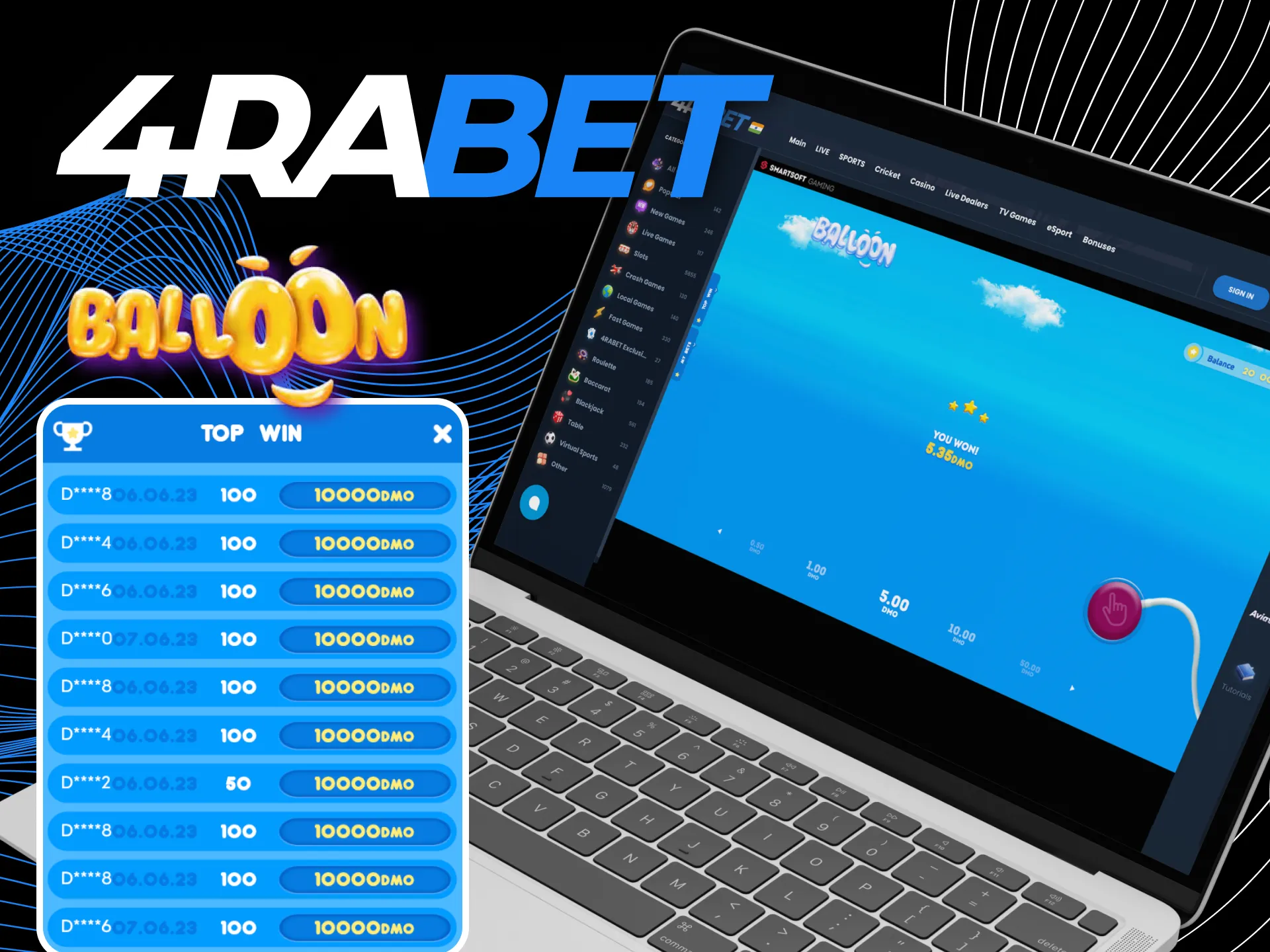 Choose your strategy for playing the Balloon game in the online casino 4rabet.