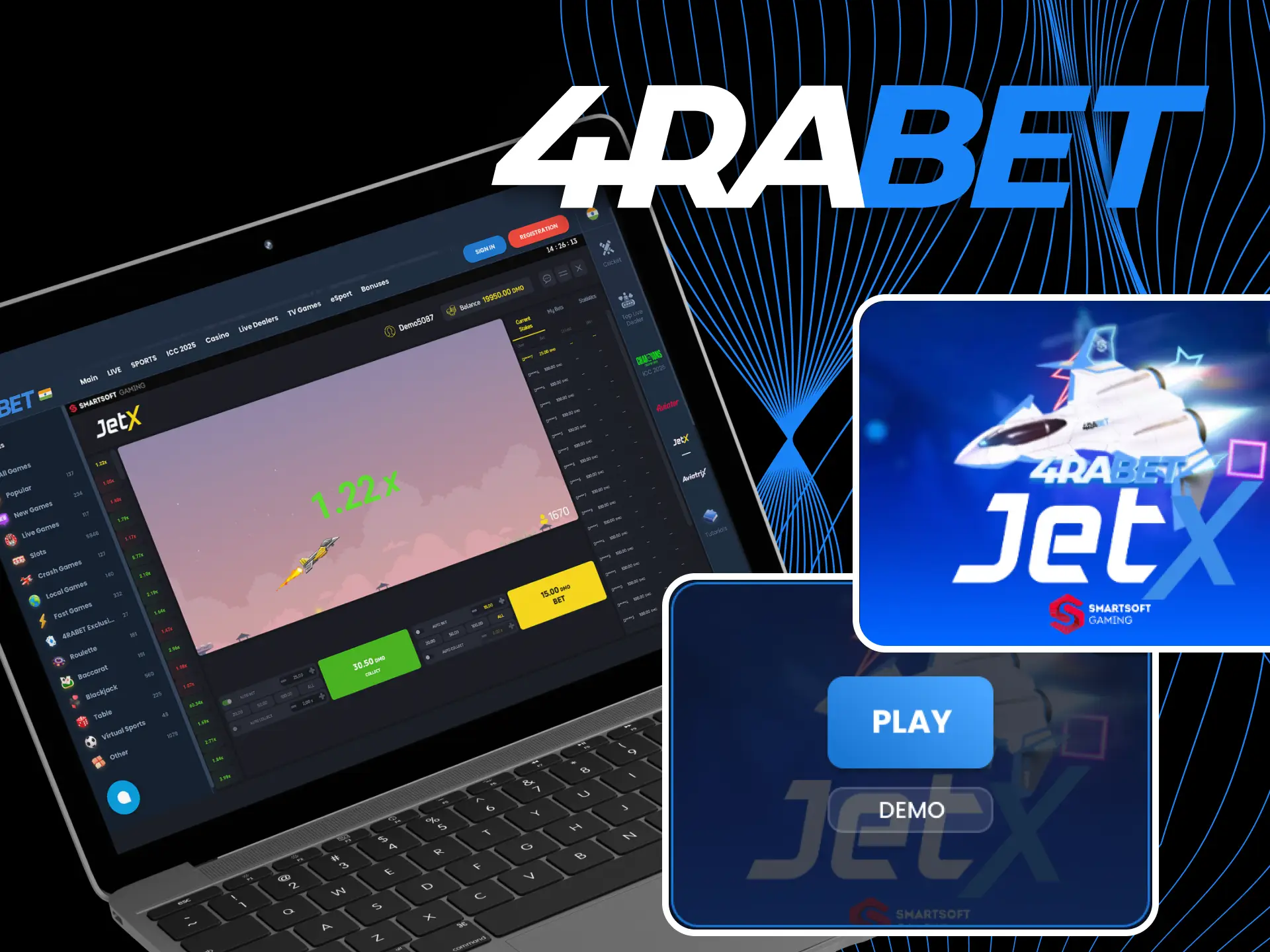The JetX game has a demo mode at 4rabet online casino.