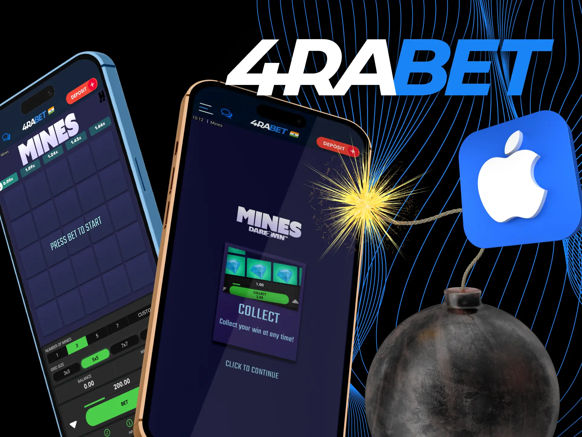 Play the Mines game at the 4rabet online casino on your iOS phone.