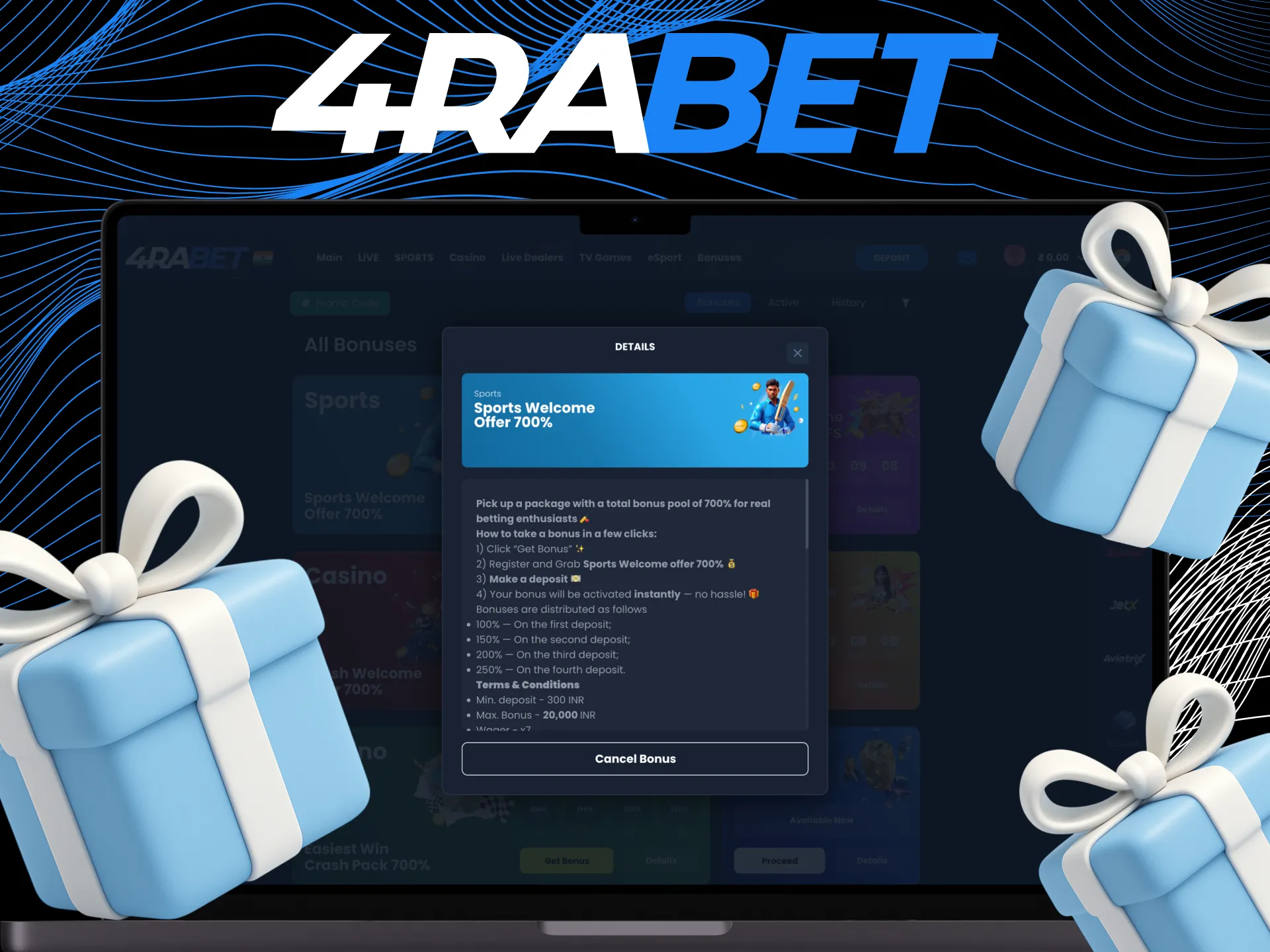 On the 4rabet new users can get the welcome bonus on the first deposit.