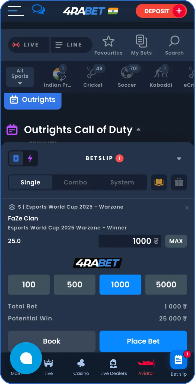 Finalize your Call of Duty wager on 4RaBet by clicking on the chosen match.