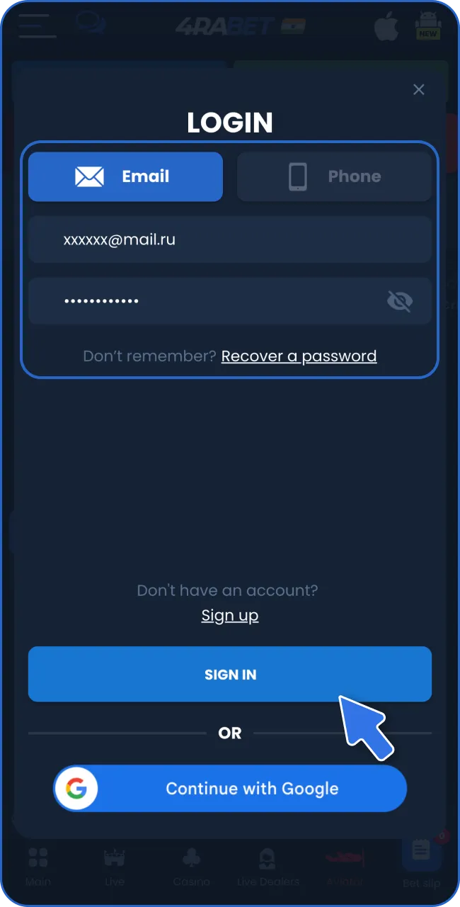 Returning users can log in to 4RaBet by pressing 'Sign in'.