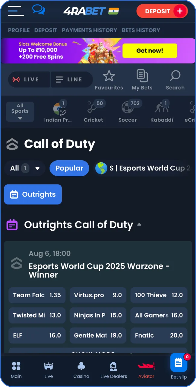 Navigate to the 'Call of Duty' betting section on 4RaBet.