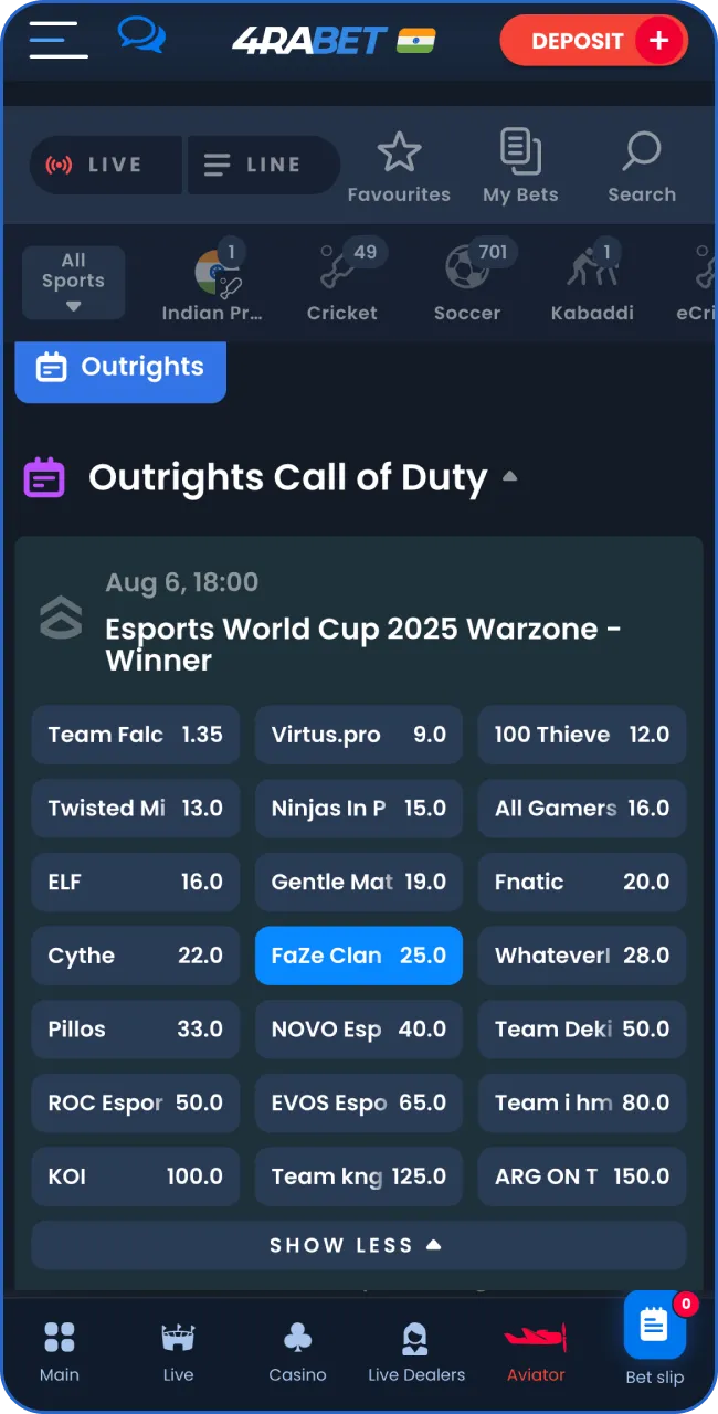 Review the list of Call of Duty matches presented on 4RaBet.