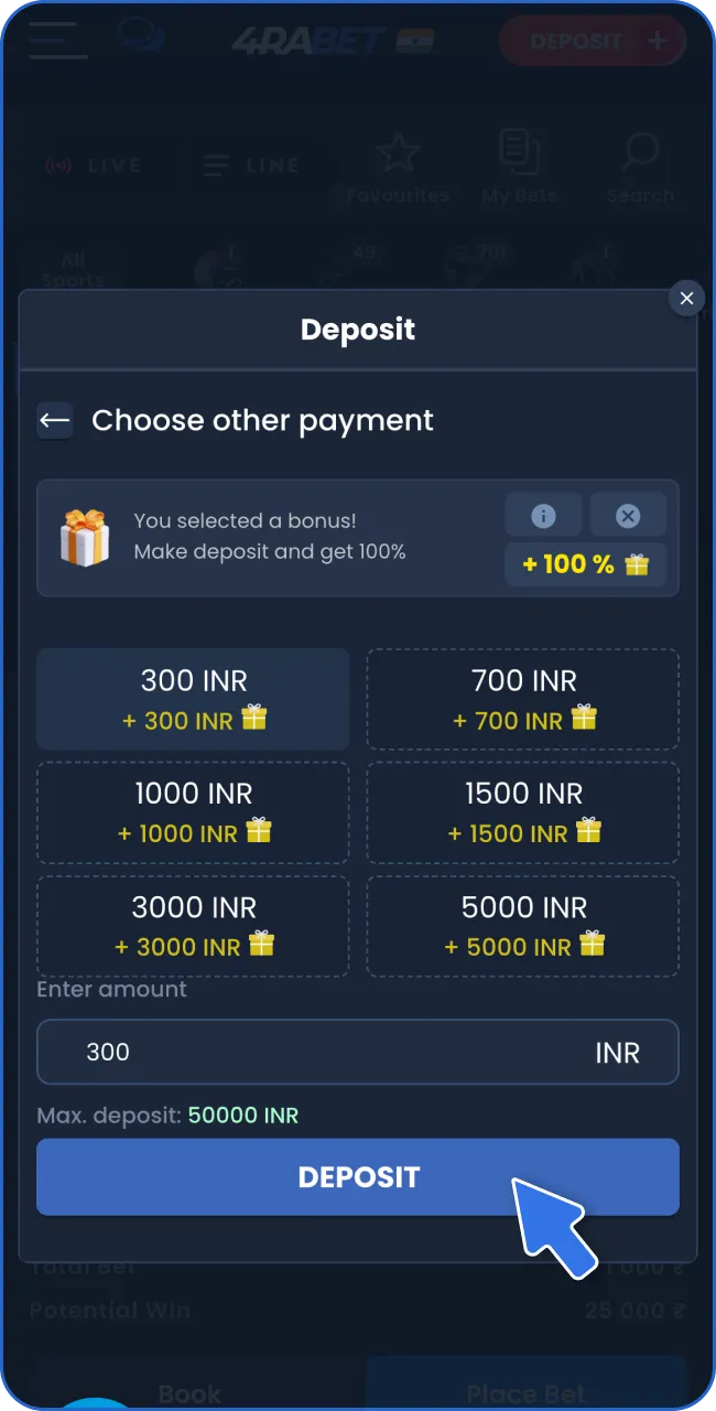To start betting on 4RaBet, use the app to make a deposit.