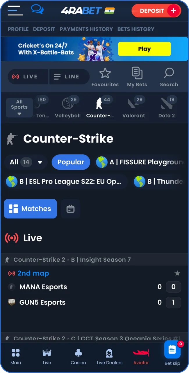 Navigate to the sportsbook on 4RaBet, select CS:GO from the list.