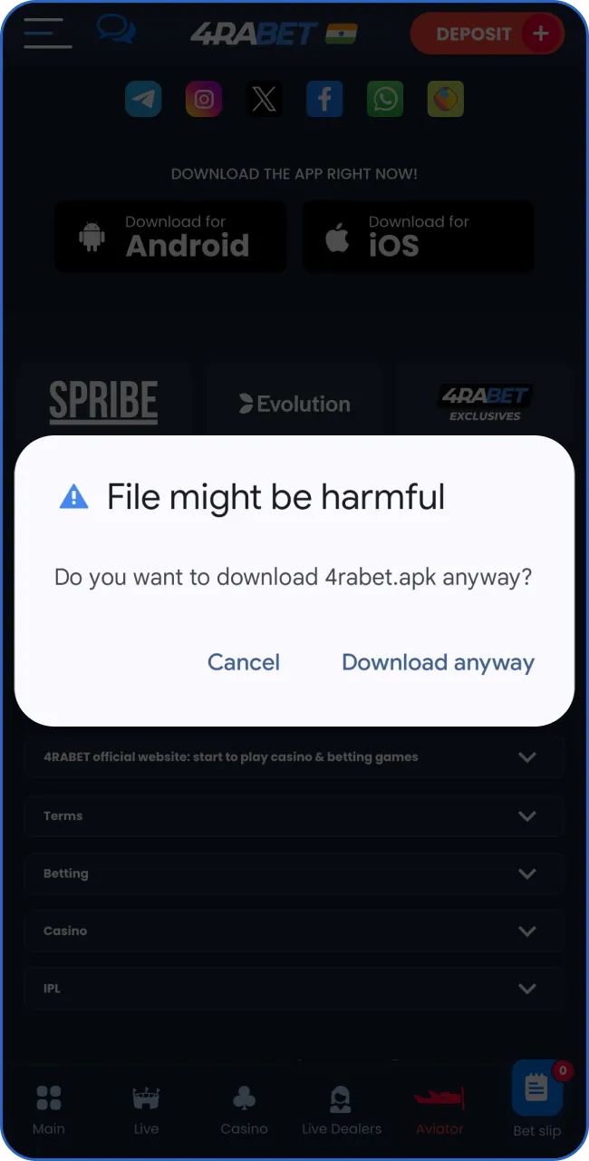 Complete the installation of the 4RaBet app on your smartphone.