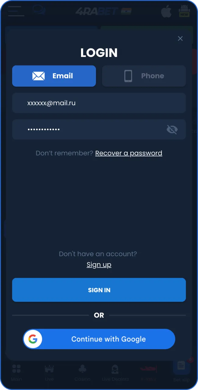 Log in to your 4RaBet account by entering your username and password.