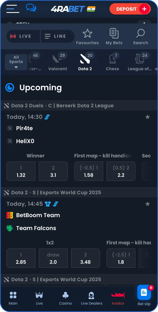 Select a Dota 2 match on 4RaBet and enjoy the best betting experience.