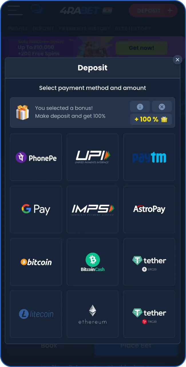 Access the gaming account menu on 4RaBet and select your preferred deposit method.