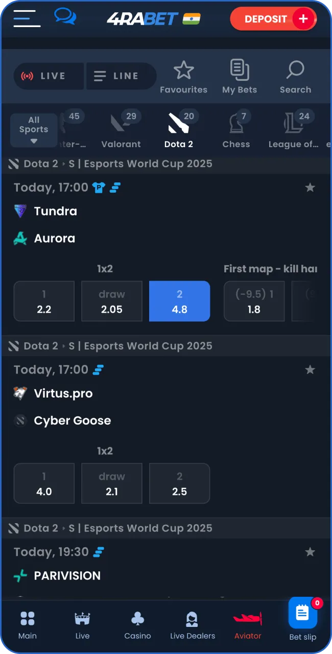 Choose a betting market on 4RaBet for your Dota 2 match by evaluating the odds.