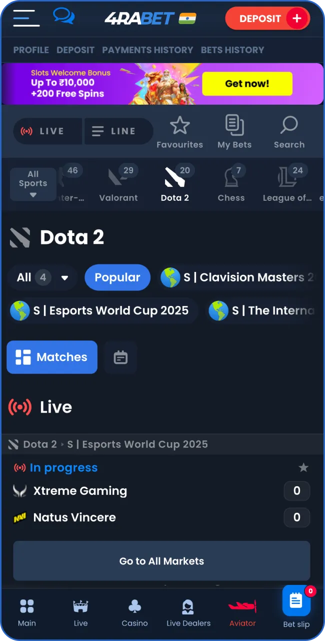 Browse the 4RaBet India homepage, locate Dota 2 among the available sports disciplines.