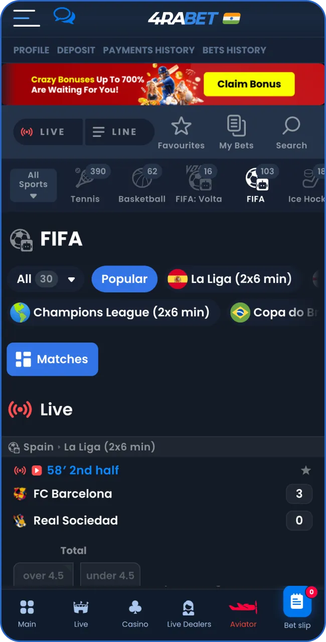 Navigate to the sportsbook on 4RaBet and to find FIFA.
