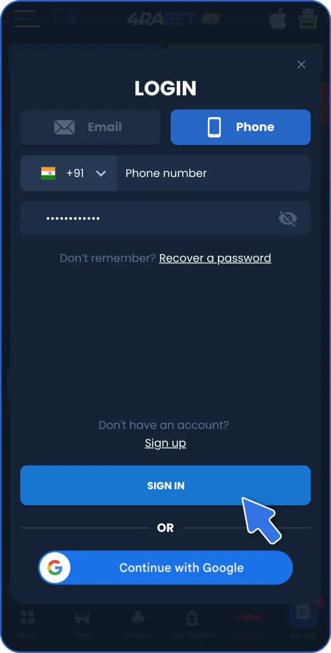 Simply click 'Register' to set up your 4RaBet account by entering the necessary information.
