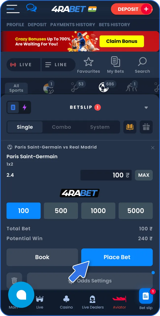 Click on the 'Place bet' button and enjoy the match.