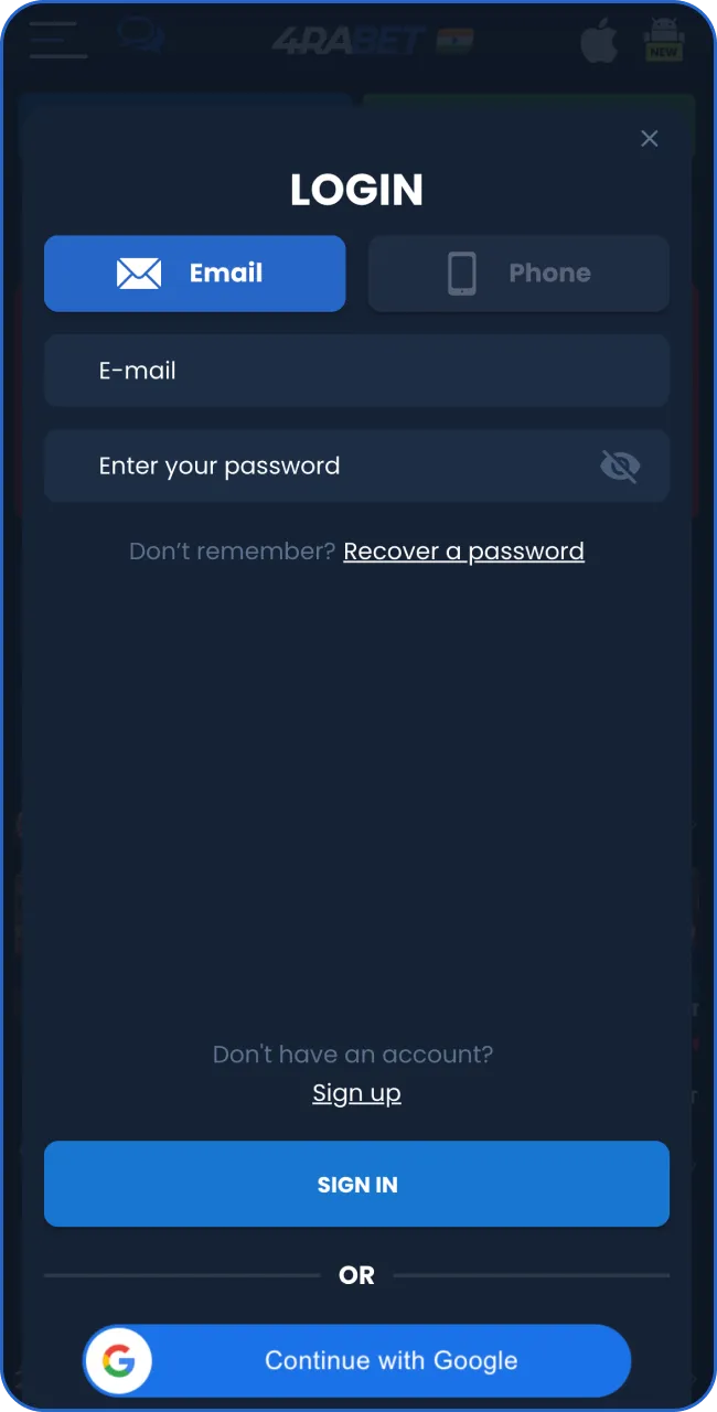 Run the app and log in to your 4rabet account.