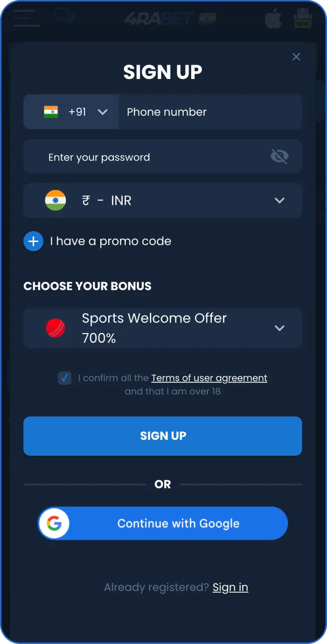 Click on our link, go to the official page of the 4rabet and sign up.