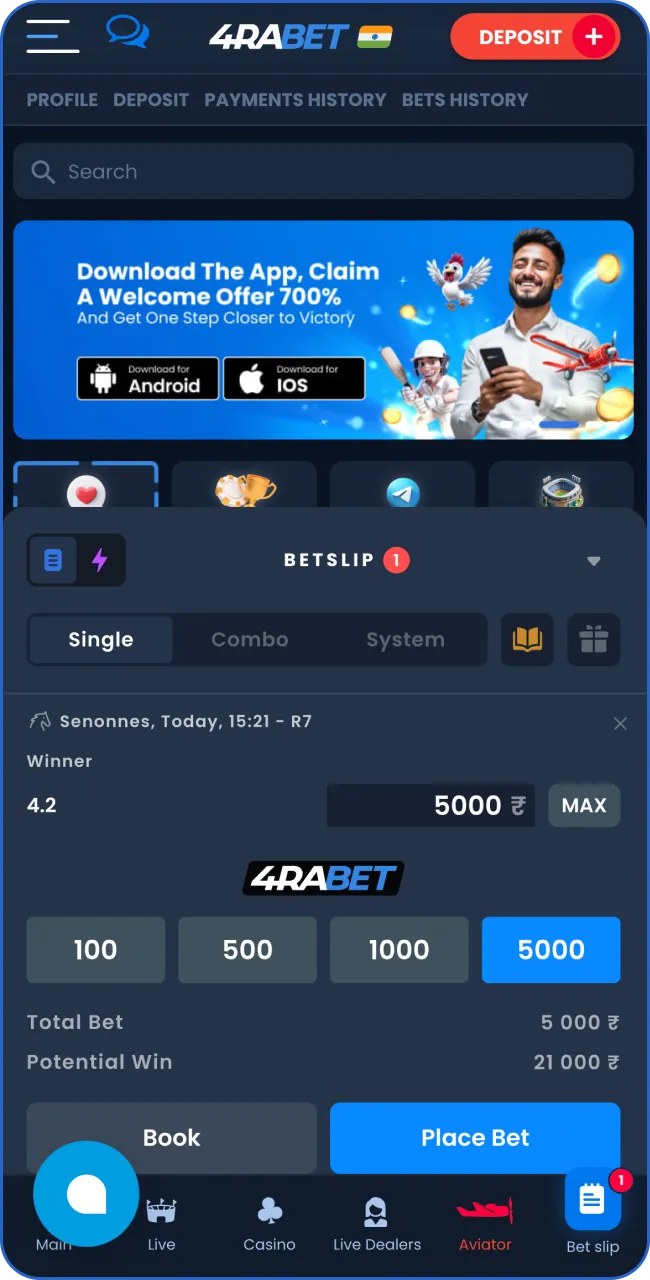 Confirm your outcome by clicking on the 'Place Bet' button.