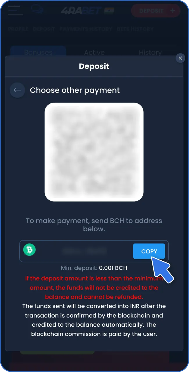 Make a deposit via the 4RaBet app, selecting your preferred payment method.