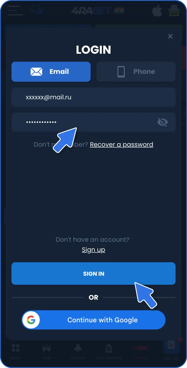 Log in with your existing credentials on 4RaBet, or easily create a new account.