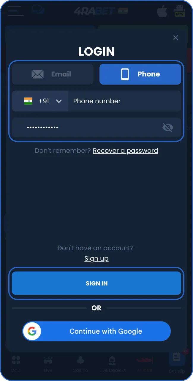 Log in an account to start betting in 4rabet.