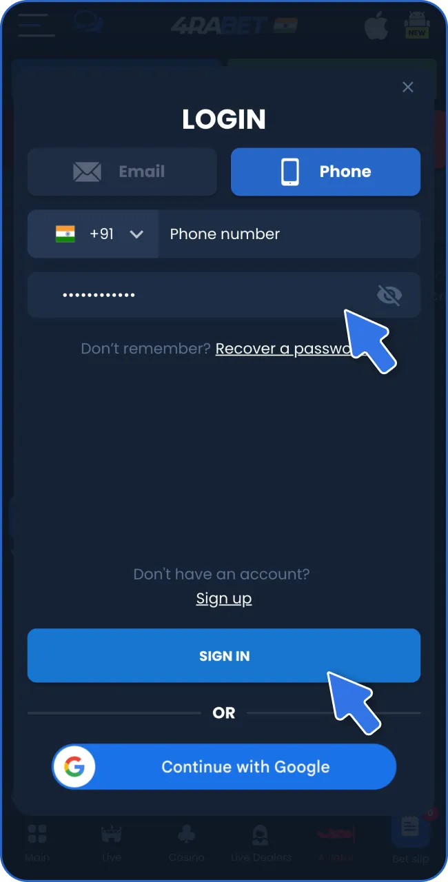 Select 'Register' to sign up for 4RaBet.