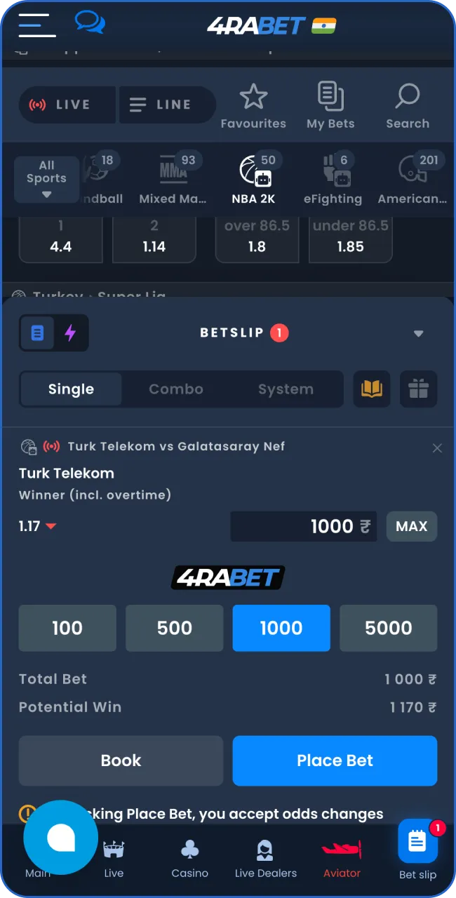On the 4RaBet app, search for NBA 2K, select the match you prefer and confirm the bet.