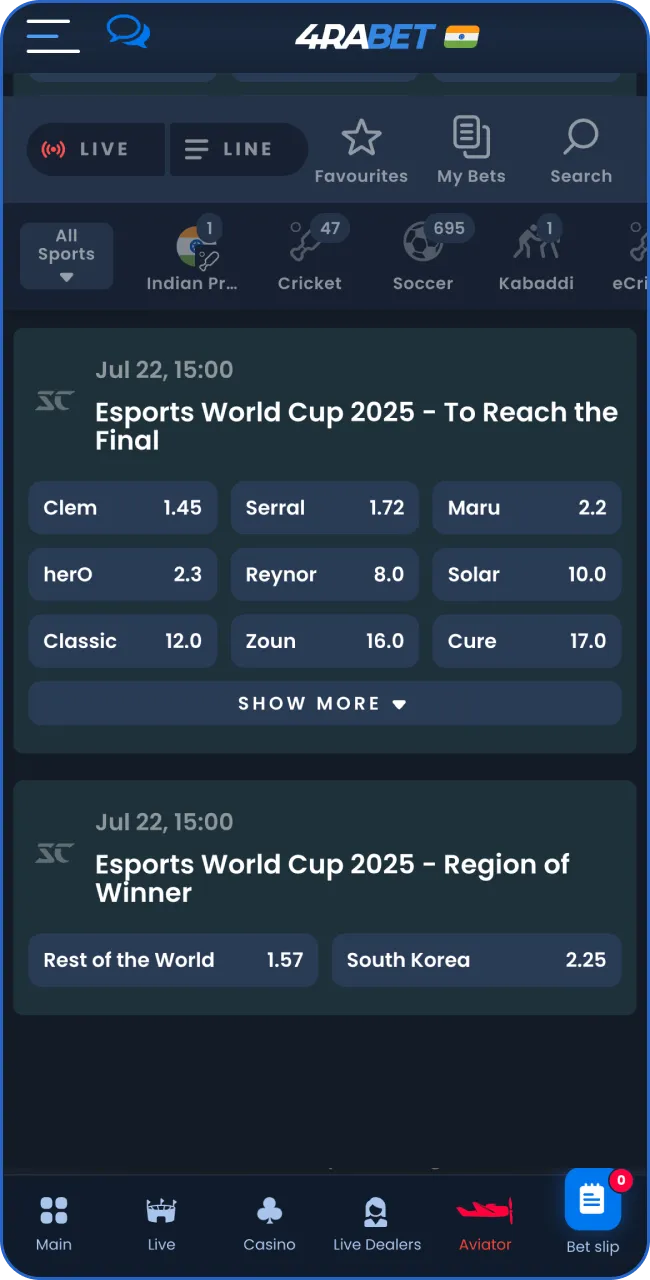 In 4RaBet, after selecting Starcraft II, review the extensive list of ongoing and upcoming matches.