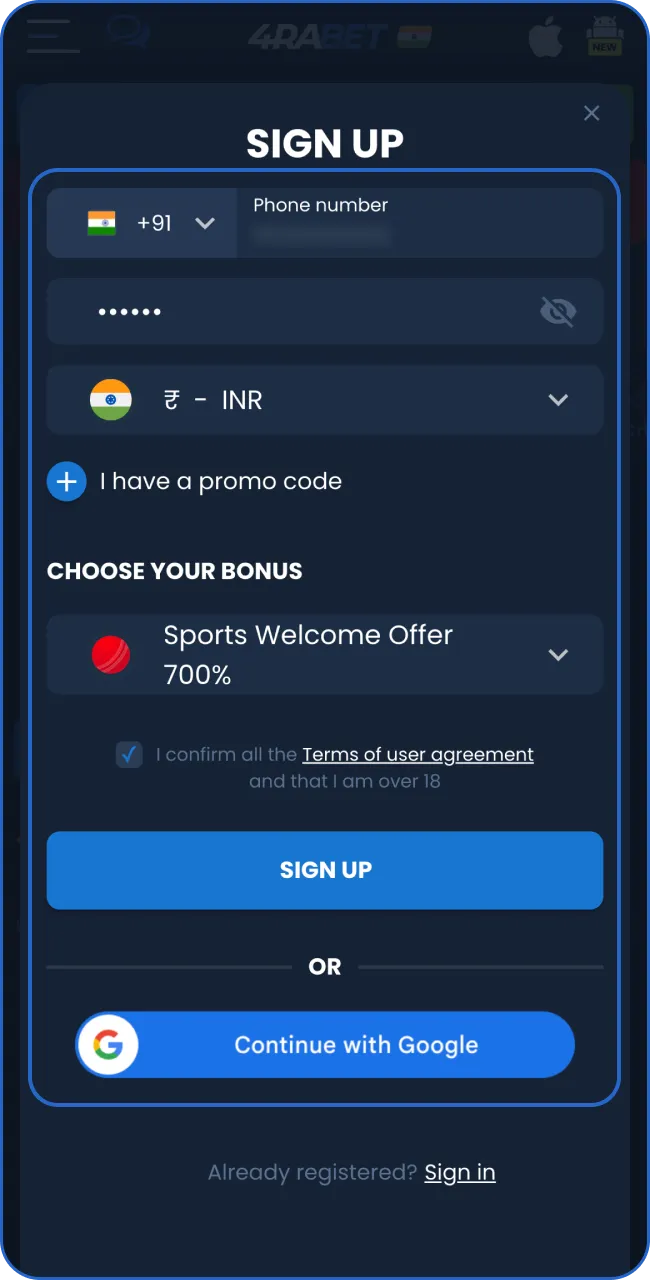 Creating a 4RaBet account is simple — just hit 'Register,' fill in the required information.