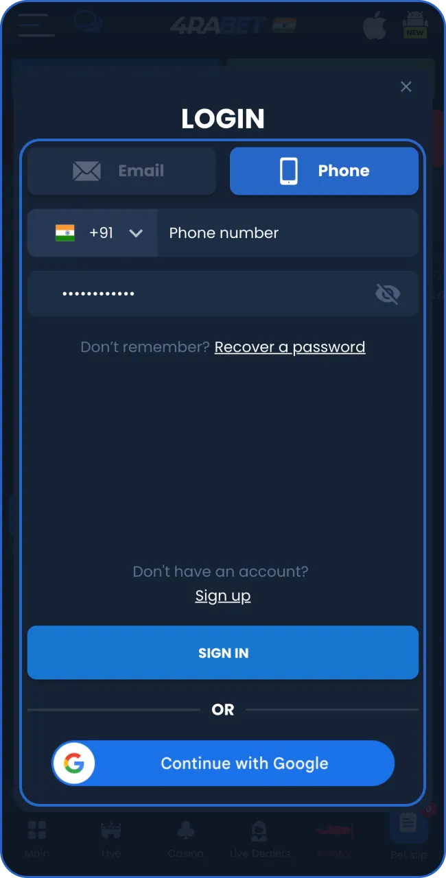 To log in, simply click 'Sign in' on the 4RaBet homepage.