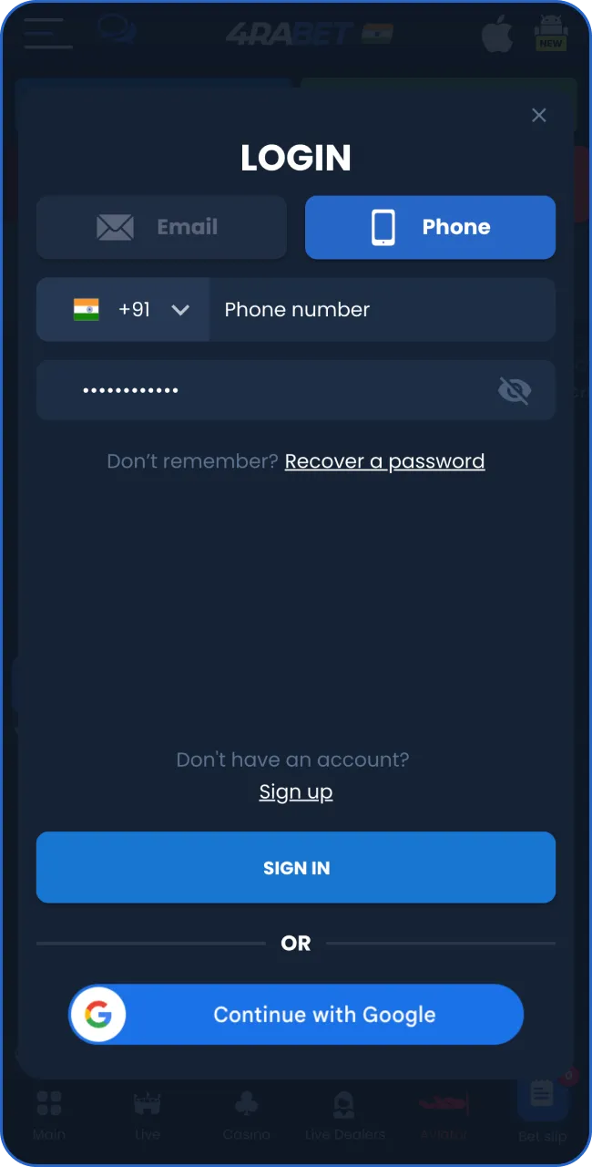 To log in, simply click 'Sign in' on the 4RaBet homepage.