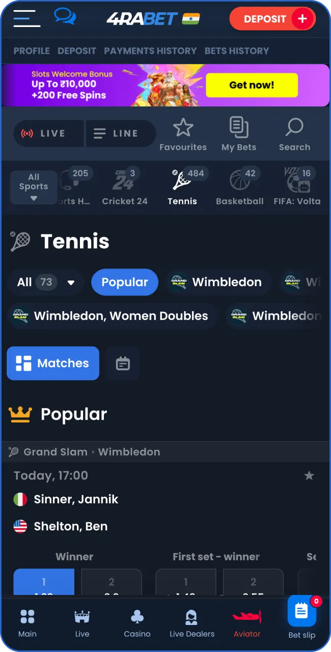 Go to the menu and find tennis among sports disciplines.