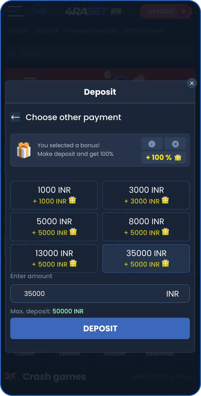 Click on the 'Deposit' button, select the payment system and top up an account.